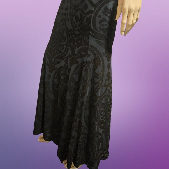 Y2K Maxi Dress Party Cocktail Size S Black Flocked Velvet Mermaid Fishtail - Picture 8 of 13